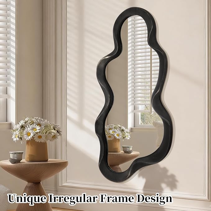 Asymmetrical Irregular Wall Mirror Modern Wooden Frame Mirrors Modern and Stylish Cloud Wavy Mirrors Decorative for Cloakroom Bedroom Living Room Bathroom Entryway 47" x 22"