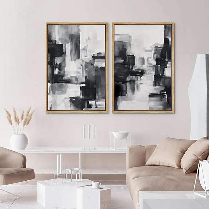 IDEA4WALL Framed Canvas Print Wall Art Set Black and White Urban Abstract Bold Monochrome Brushstroke Illustrations Modern Art Decorative Calm/Zen for Living Room, Bedroom, Office - 16"x24"x2 Natural