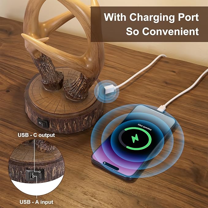 Scenekoy Antler Table Uplight Lamp Set of 2 for Living Room Bedroom, 20.5” Resin Memory Function Bedside Lamps with Glass Shade, Rustic Nightstand Lamp with USB Ports for Home Decor (Bulb Included)