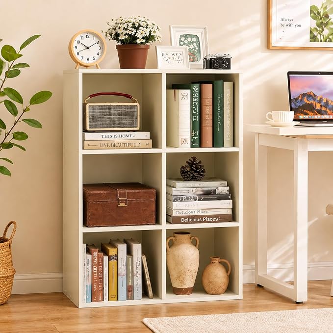 POWERSTONE 6 Cube Storage Organizer, Open Cube Bookshelf with Back Panels, Modern Display Cubby Bookcase for Bedroom Living Room Home Office, White