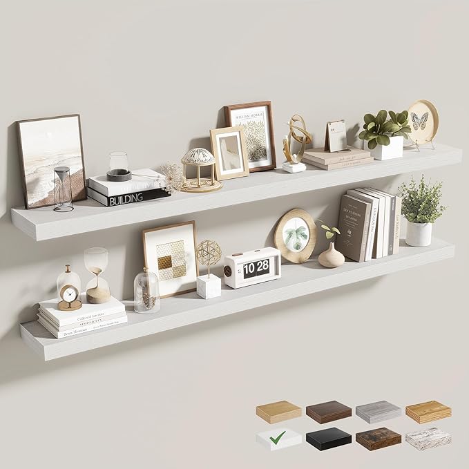 55 Inch Floating Shelves for Wall 2 Pack, 55" Wall Shelves for Books, Storage, Decor, Wall Mounted Floating Shelf with Invisible Brackets for Kitchen, Living Room, White