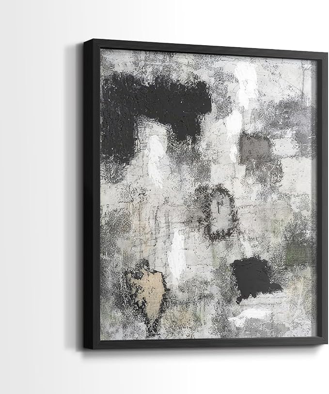 Renditions Gallery Set of 2 Peel & Stick Framed Prints, Abstract Wall Art, Hand Painted Black and White Pattern Wall Decor, Re-Stickable - Ready to Hang - 8"x10" - Black Frame LT588