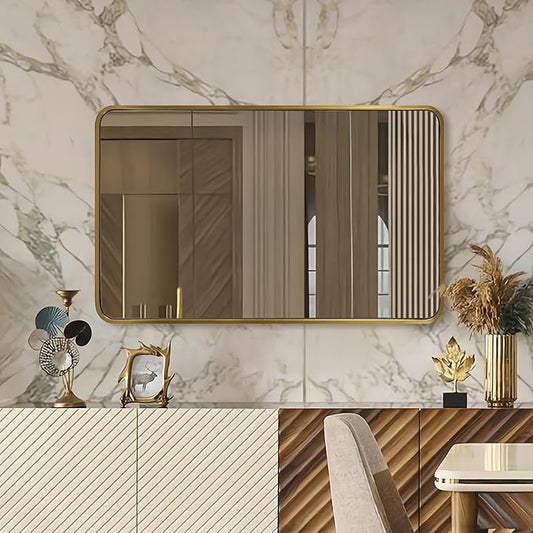ANDY STAR Brushed Gold Bathroom Mirror 48”X30”, Brass Bathroom Vanity Mirror Rounded Rectangle, SUS304-Anti-Rust Metal Frame Mirror, Wall Mounted Horizontal/Vertical 1’’ Deep