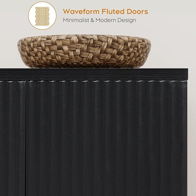 Yechen Black Accent Fluted Sideboard Buffet Cabinet with Storage and 4 Doors, Mordern Credenza Storage Cabinet with Adjustable Shelves, Media Console Table, for Living Room Dinning Entryway Kitchen