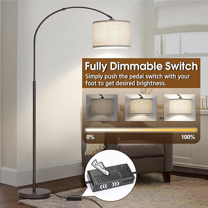 Dimmable Arc Floor Lamp, Floor Lamps for Bedroom, Farmhouse Standing Lamp with Adjustable Hanging Shade, Brown Tall Pole Lamp, Mid Century Floor Lamp for Living Room, Over Couch, 9W LED Bulb Included