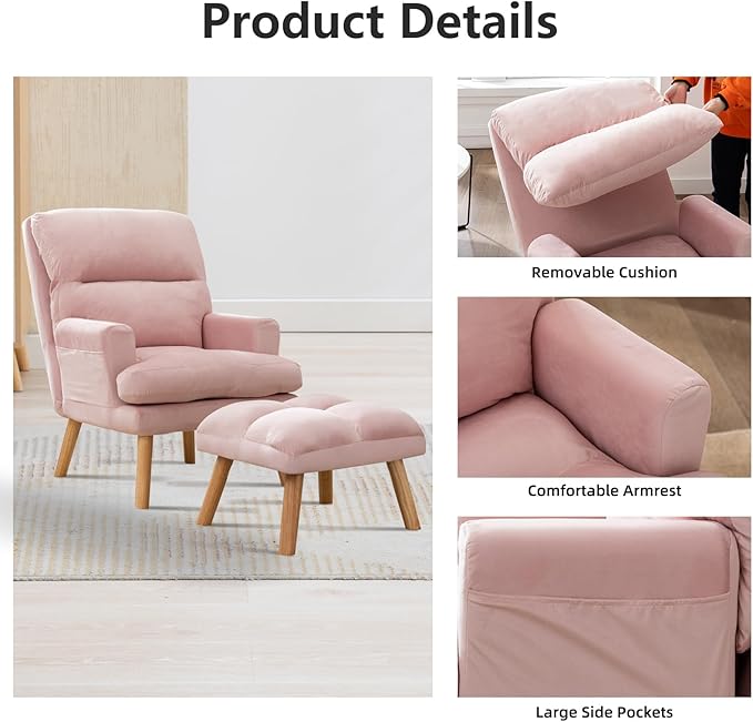 Accent Chair with Ottoman Comfy Reading Chair Armchair with Adjustable Backrest and Side Pockets Soft Fabric Leisure Sofa for Bedroom, Living Room, Dorm Rooms, Garden, Pink