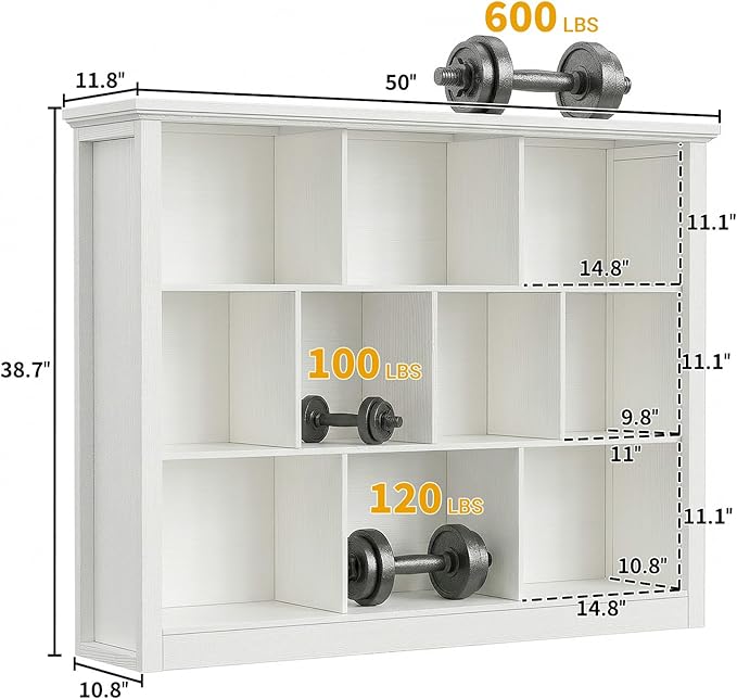 Unikito 10 Cube Storage Book Shelf - 50" Wide Wood Cube Storage Organizer, Wooden 3 Tiers Floor Standing Low Bookcase for Living Room, Bedroom, Home Office, Kids Room, Rustic White