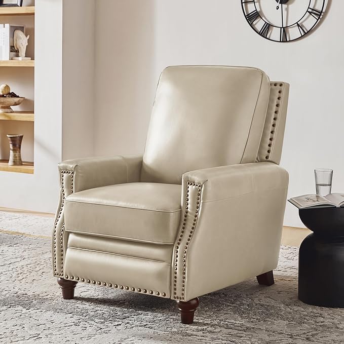 HULALA HOME Genuine Leather Recliner Chair Set of 2, Push Back Recliner Armchair with Thick Seat and Backrest, Comfy Adjustable Home Theater Single Recliner w/Nailhead Decor for Living Room(Beige)
