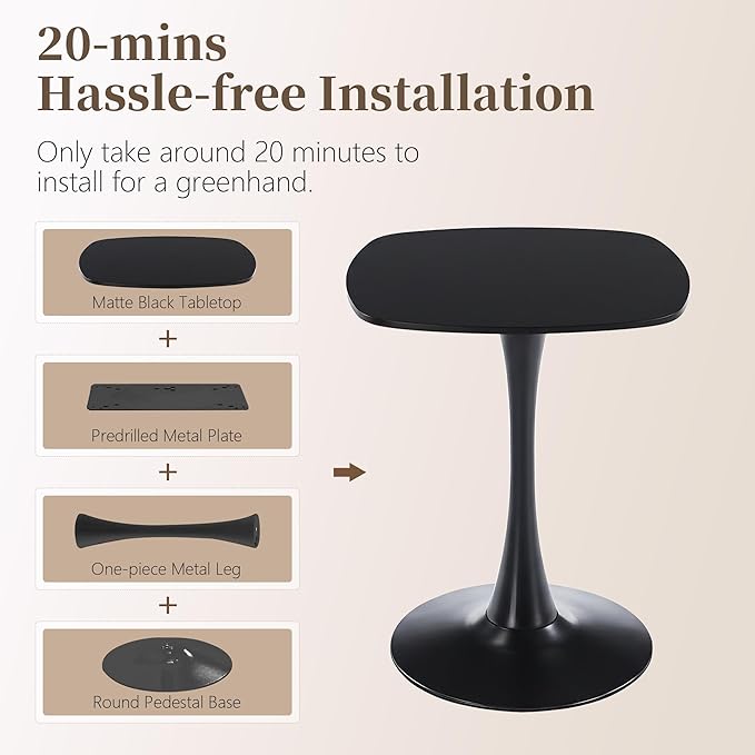 Black Square Dining Table,24" Tulip Table with Metal Pedestal,15-Minute Quick Assembly,Mid Century Modern Leisure Table for Kitchen Small Places Cafe (Black)