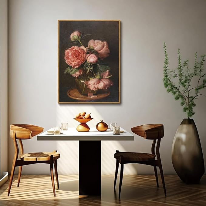 WALLZK Vintage Framed Wall Art Peony Wall Decor Pink Floral Canvas Prints Cottagecore Decor Rustic Farmhouse Pictures Artwork for Walls Living Room Bedroom Bathroom 16"x24"
