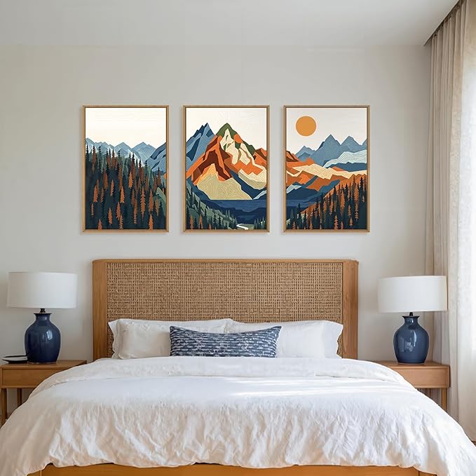FWIEXA Vintage Mountain Framed Canvas Wall Art Set, Boho Sunrise Wall Prints, Abstract Nature Forest Artwork, Retro Lake Sunset Painting, 3 Panel 16x24 Inches Modern Rustic Decor for Living Room, Bedroom, Office
