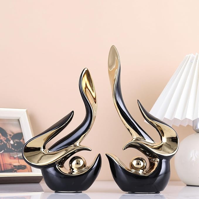 XMGZQ Mid Century Modern Abstract Art Home Decor Accent,Porcelain Statues for Living Room Coffee Table Centerpieces for Dining Room,Ceramic Sculptures and Gold Knick Knacks for TV Stand Decor (Black)
