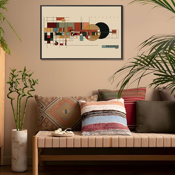 Bauhaus 1923 Geometric Framed Poster Modernist Bauhaus Style Earth Tone Grid Canvas Wall Art Circles And Rectangles Prints Painting For Home Bedroom Dorm Wall Decor 16x24in Framed
