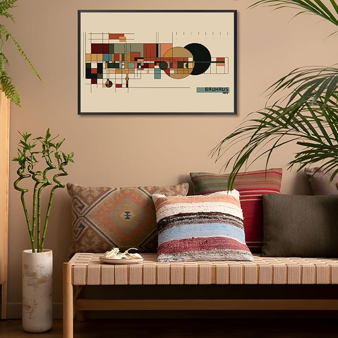 Bauhaus 1923 Geometric Framed Poster Modernist Bauhaus Style Earth Tone Grid Canvas Wall Art Circles And Rectangles Prints Painting For Home Bedroom Dorm Wall Decor 24x36in Framed