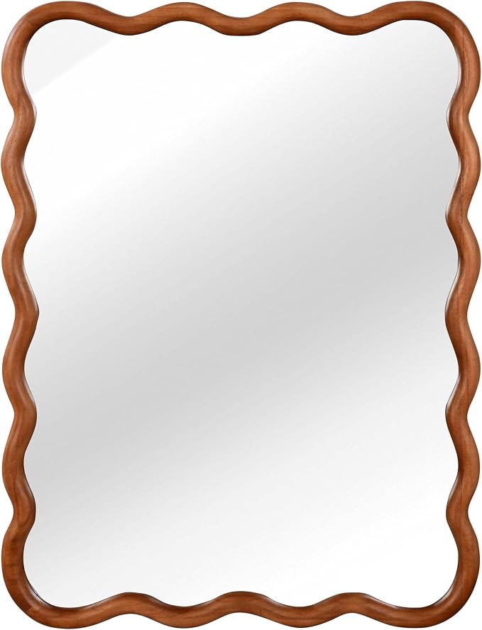 40x30 Inch Wooden Wavy Rectangle Wall Mirror, Modern Solid Wood Frame Decorative Accent Mirror for Bedroom, Bathroom, Living Room, Entryway, Yellowish Brown