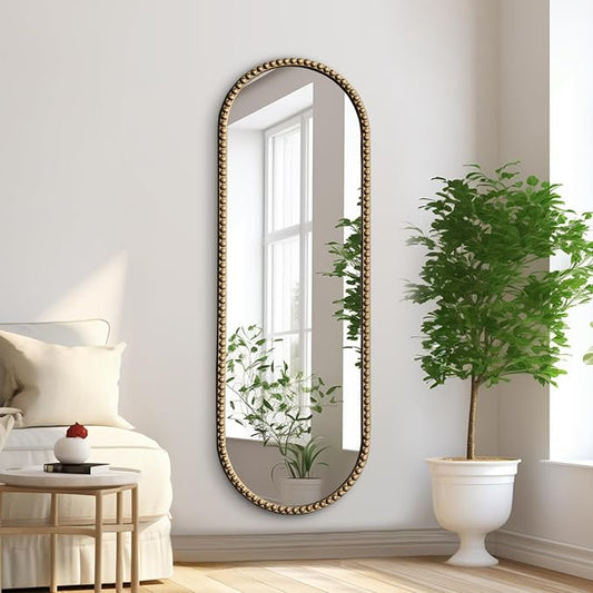 Antique Gold Full Length Mirror Oval Full Body Wall Mirror Baroque Beaded Mirrors Gold Metal Framed Decorative Wall Mirror for Bedroom Entryway 47"X16"