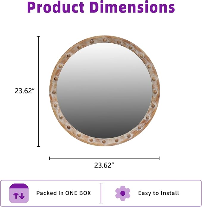 23.62'' Vintage Rustic Round Wall Mirror with Rivet Detail Frame & Pre-Installed Hanging, Decorative Mirror with Large Reflective Surface for Bathroom Bedroom Living Room, Natural