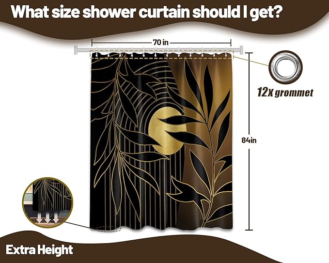 Boho Black and Gold Shower Curtain, Mid Century Modern Shower Curtains for Bathroom, Mens Bath Curtain Set, Waterproof Fabric with Hooks, 70" W x 84" L (Pack of 1)