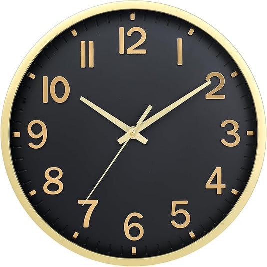 Wall Clocks Battery Operated 12 inch Modern Wall Clock,Silent Non Ticking Wall Clock for Living Room Bedroom Kitchen Office Classroom Decor (Black Gold)