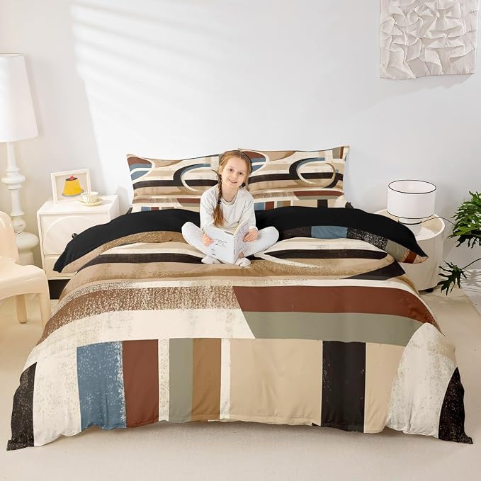 Modern Geometric Duvet Cover Set King Size,Abstract Graffiti Striped Circle Bedding Set,Boys Girls Room Decor,Minimalist Aesthetic Simple Comforter Cover,Brown Quilt Cover,2 Pillowcases(No Filler)