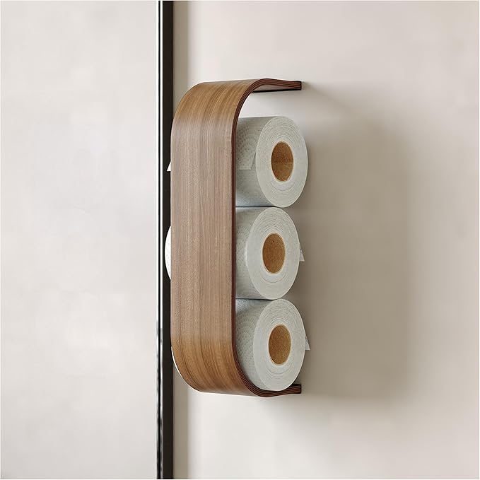Toilet Paper Holder, Wooden Shelf, Walnut WC Roll Storage, Wall Mount Floating Rolls Rack, Unique Holders for Bathroom, TP Organizer (Walnut, Thin)