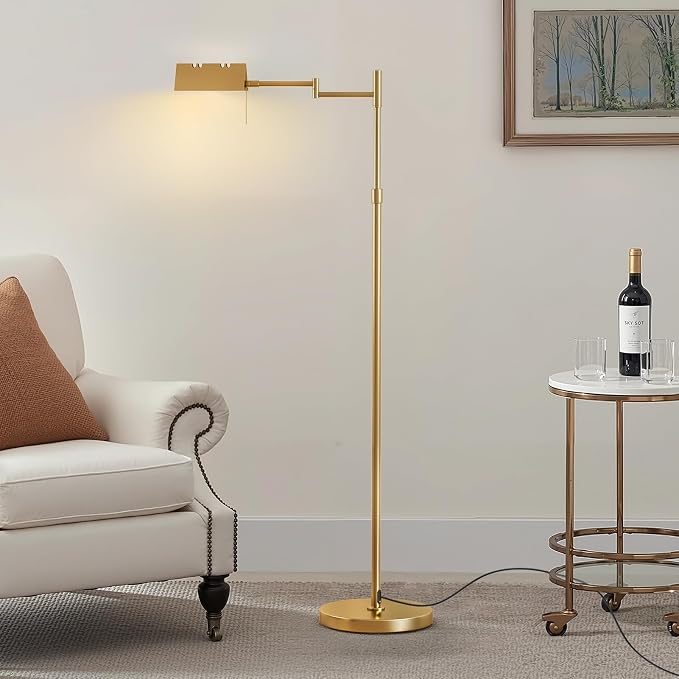Pharmacy Floor Lamp - Full Range Dimming, Swing Arm Task Lamp, Adjustable Height 47” to 55”, 360° Rotatable Shade, All-Metal Design, Antique Brass