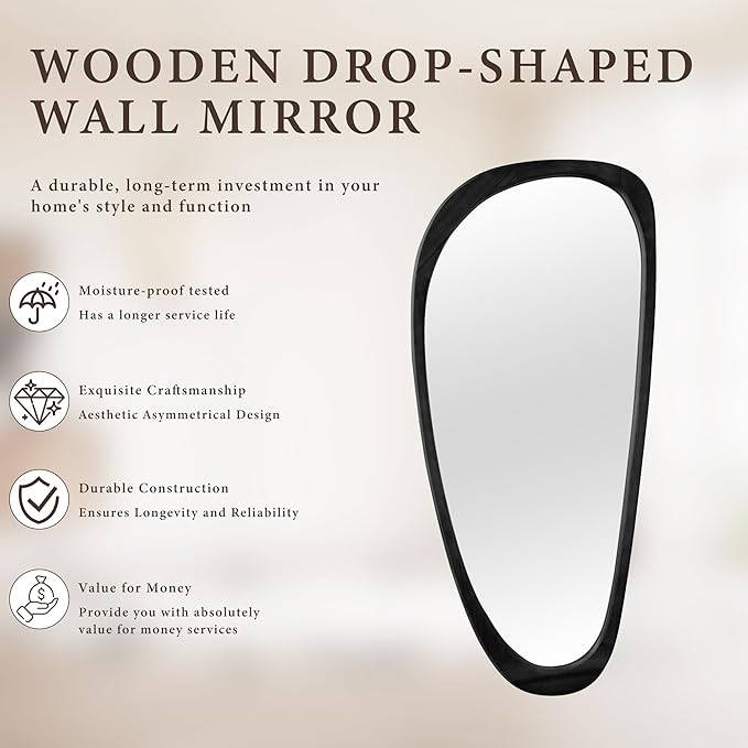 60''x22'' Asymmetrical Mirror with Black Wood Frame, Small Irregular Wavy Wall Mirror, Odd Shaped Mid Century Modern Mirror Decor for Bedroom Living Room Entryway Hall