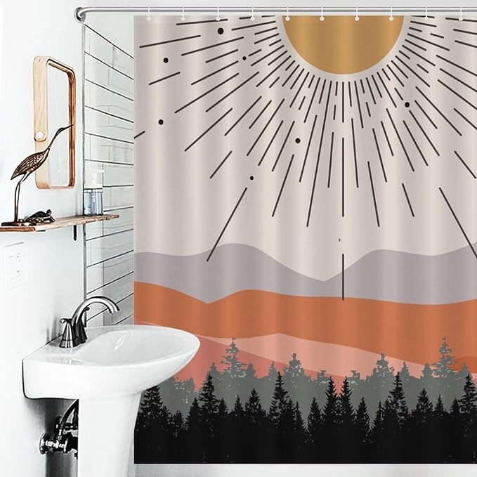 Mid Century Boho Shower Curtain,Abstract Sunset Geometric Mountain Forest Aesthetic Bathroom Curtain Polyester Waterproof Fabric Decor 66x72in（168x183cm）