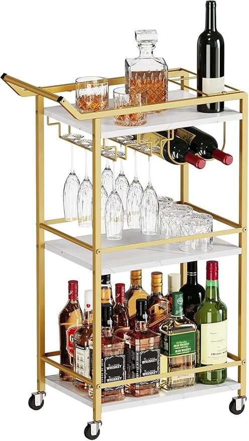 LOTEYIKE 3 Tier Bar Cart, Mini Liquor Utility Cart for Wine Beverage Dinner Party, Rolling Wine Coffee Drink Serving Cart with Lockable Wheels for Home Kitchen Bars (Gold)