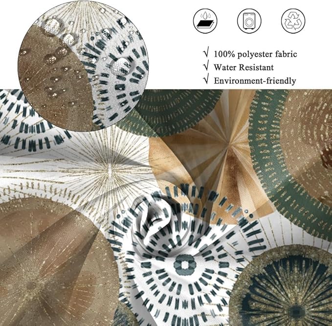 Mid Century Retro Bohemian Shower Curtain for Bathroom Green and Brown Circle Shower Curtains Abstract Geometric Design Bathroom Decor Set Washable Waterproof Polyester Fabric with Hooks 69x70 Inch