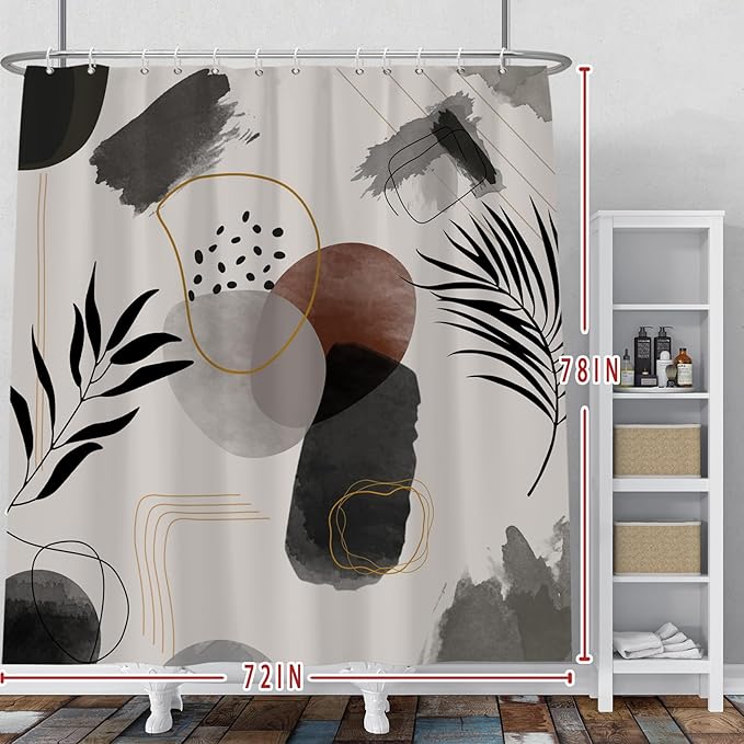Baocicco Boho Shower Curtain Black Grey Plants Leaves Mid Century Modern Abstract Shower Curtains Decorative for Bathroom Waterproof Fabric Shower Curtain with Hooks 72x78 Inches