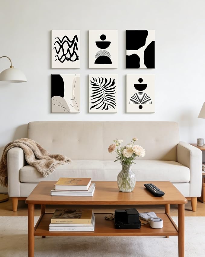 Drsoum Abstract Boho Wall Art Minimalist Geometric Framed Boho Room Decor Black Line Art Mid Century Modern Prints Bohemian Living Room Bedroom Ready to Hang 12x16inx6pcs (Framed)