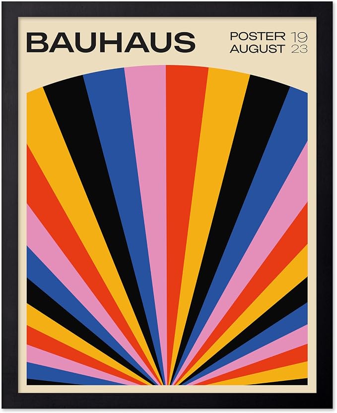 Poster Master Bauhaus Poster - Rainbow Sun Rays Print - Geometric - Abstract Art- Graphic Design - Chic Boho - Mid Century Modern Art - 8x10 Black Framed