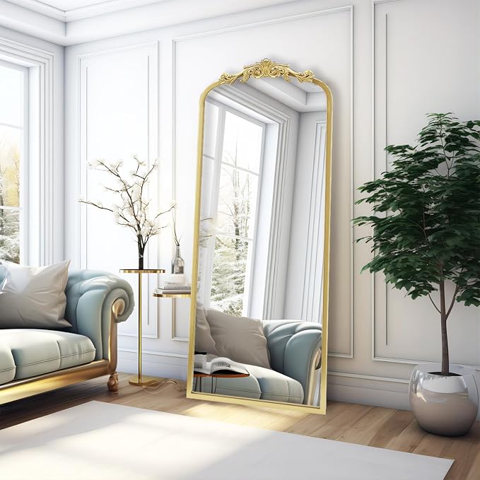 Vintage Gold Antique Arched Full Length Floor Mirror 22"X65",Traditional Elegant Baroque Floor Body Mirror with Ornate Matel Frame, French Wall Mirror for Dressing/Living Room/Hallway