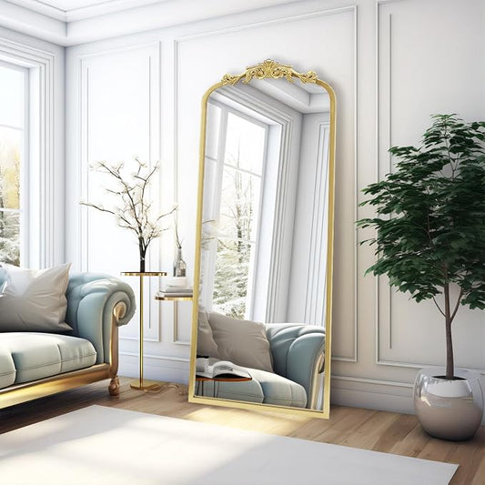 Vintage Gold Antique Arched Full Length Floor Mirror 22"X65",Traditional Elegant Baroque Floor Body Mirror with Ornate Matel Frame, French Wall Mirror for Dressing/Living Room/Hallway