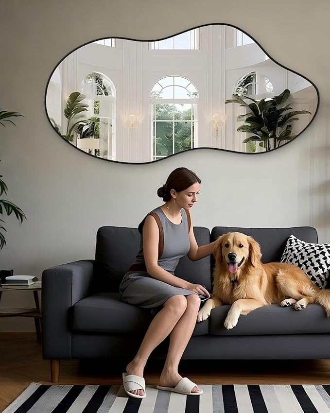 Irregular Wall Mirror 24×46 Inch Wall Mirrors Decorative Black Modern Asymmetrical Abstract Mirror for Bathroom Bedroom Living Room Entryway Hallway