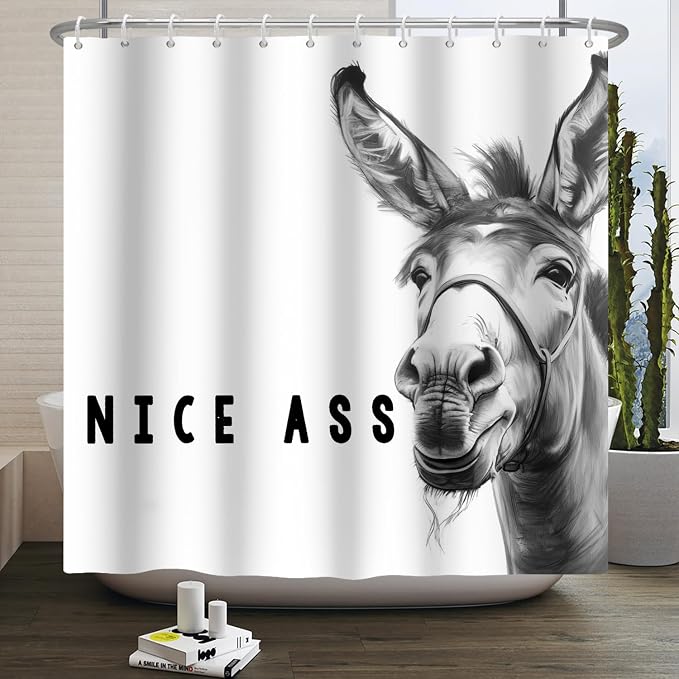 Funny Donkey Shower Curtains Joke Hilarious Animal Bathroom Curtain Rustic Farmhouse Cute Donkey White Shower Curtain Sets for Bathroom Extra Long 69x70 in with 12 Hooks