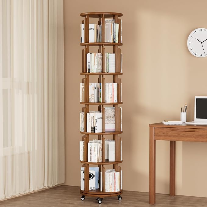 6 Tier Rotating Bookshelf Tower, 360° Spinning Bookcase with Wheels, Solid Wood Round Revolving Shelf for Living Room, Office, Small Spaces, Ergonomic Design for Kids & Adults