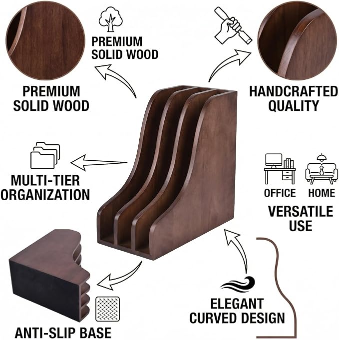 Solid Wood Vertical File Organizer, Desktop Document Holder with Customizable Design, Multifunctional Desk Organizer for Mail, Paper, Books, Files, Laptops, Office & Home Desktop Organization