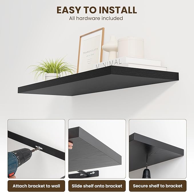 Dreamland 40" Floating Shelves for Wall, 12" Deep Slim Black Floating Shelves, Wall-Mounted Shelves for Bedroom, Living Room, Kitchen, Bathroom - Set of 2