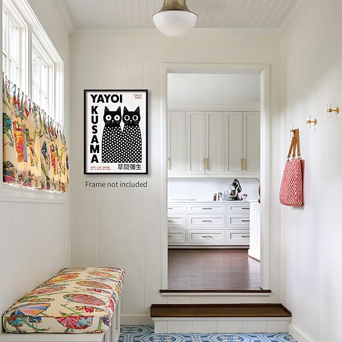 EOLRCIG Black and White Cute Abstract Cat Wall Art Japanese Yayoi Kusama Canvas Poster Modern Fashion Minimalist Painting for Living Room Wall Decor 24X36 inch Unframed Cat Lover Gifts
