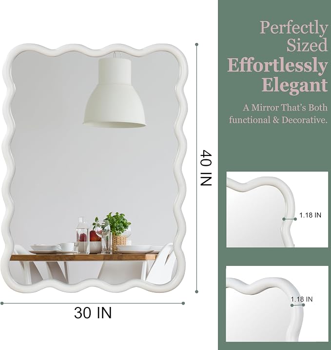 40x30 Inch Wooden Wavy Rectangle Wall Mirror, Modern Solid Wood Frame Decorative Accent Mirror for Bedroom, Bathroom, Living Room, Entryway, White
