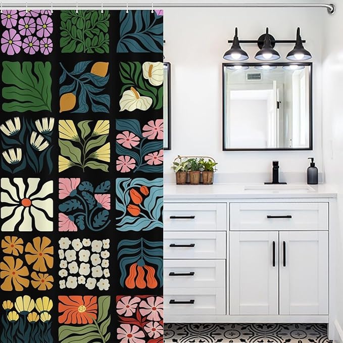 Vintage Floral Plant Lattice Shower Curtains Colorful Spring Flower Farmhouse Mid Century Cafe Washable Waterproof Fabric for Bathroom Decor Bathtub with 12 Hooks 72x72in (183x183cm)
