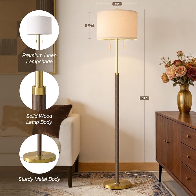 G-SAFAVA Floor Lamp 61" Wood Lamps for Living Room Bedroom 2-Lights Mid Century Modern Standing Tall Lamps for Office Nursery Corner Reading Room Lamp, 3 Color Temperatures 9W Bulbs Included, Walnut