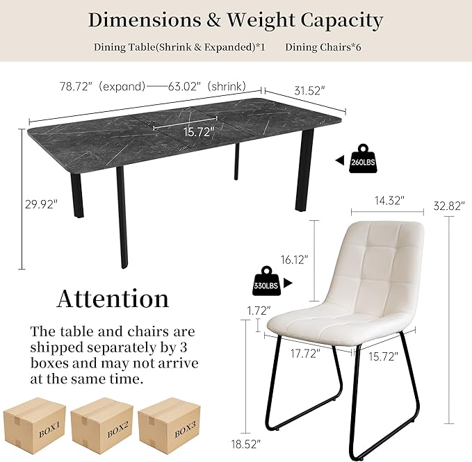 Extendable Dining Table Set for 6-8 People, 63 to 78.7 Inch MDF Kitchen Table with 6 Faux Leather Dining Chairs, Space-Saving for Dining Room, Breakfast Nook (Dark Grey Table & 6 White Leather Chairs)