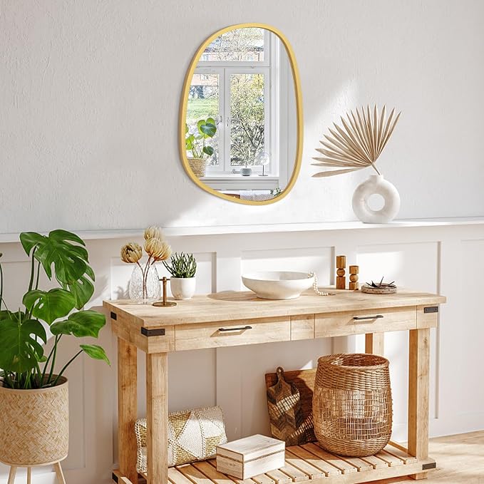 Gold Irregular Hanging Wall Mirror Wooden Framed Modern Asymmetrical Mirrors for Wall Artistic Decorative Mirror Wall Decor Mirror for Bedroom Bathroom Living Room Large 20"x16"