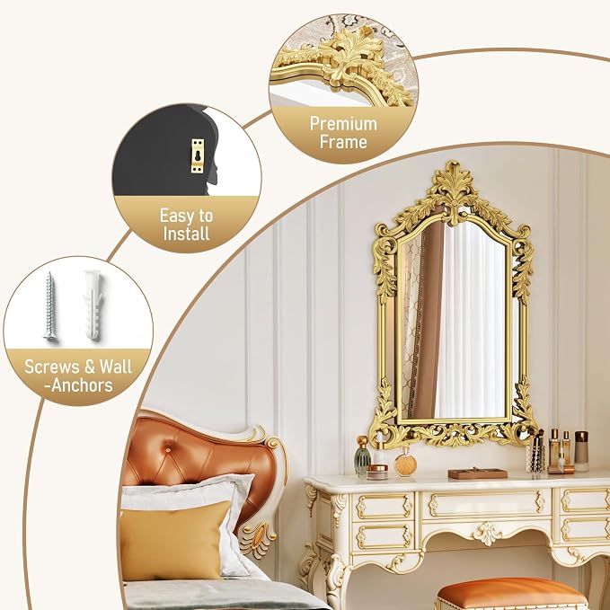 Large Gold Mirror for Wall Decor 30"x47" Vanity Antique Baroque Ornate Wall Mirrors Victorian Arched Mirror for Bathroom, Living Room, Entryway, Fireplace, Bedroom