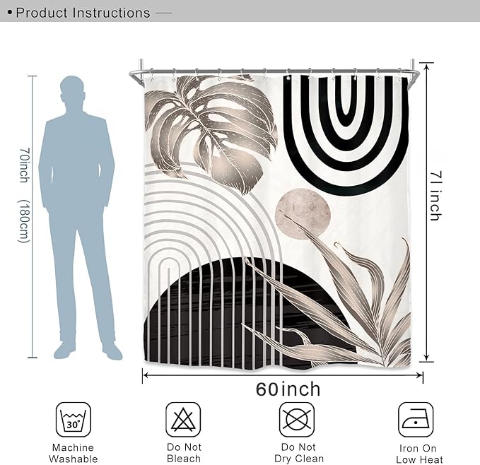 Miyotaa Abstract Black Tan Shower Curtain Set 60Wx71H Inches Modern Plant Geometric Minimalist Aesthetic Mid Century Leaves Contemporary Neutral Waterproof Bathroom Curtain with 12 Hooks