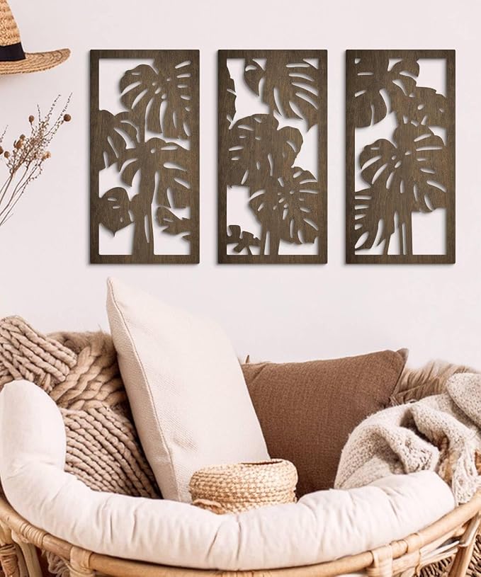 Putuo Decor 3-Piece Tropical Leaf Wood Wall Art Set, Palm Leaf Wall Hanging Decor for Bedroom Living Room Bathroom Balcony Decor