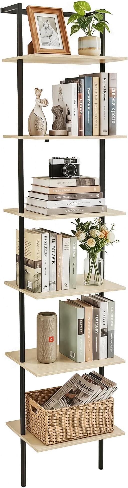 6-Tier Ladder Shelf, 77 Inches Wall Mounted Ladder Bookshelf with Metal Frame, Wood Tall Open Storage Rack and Display Shelves for Home Office Bedroom Living Room, Light Oak